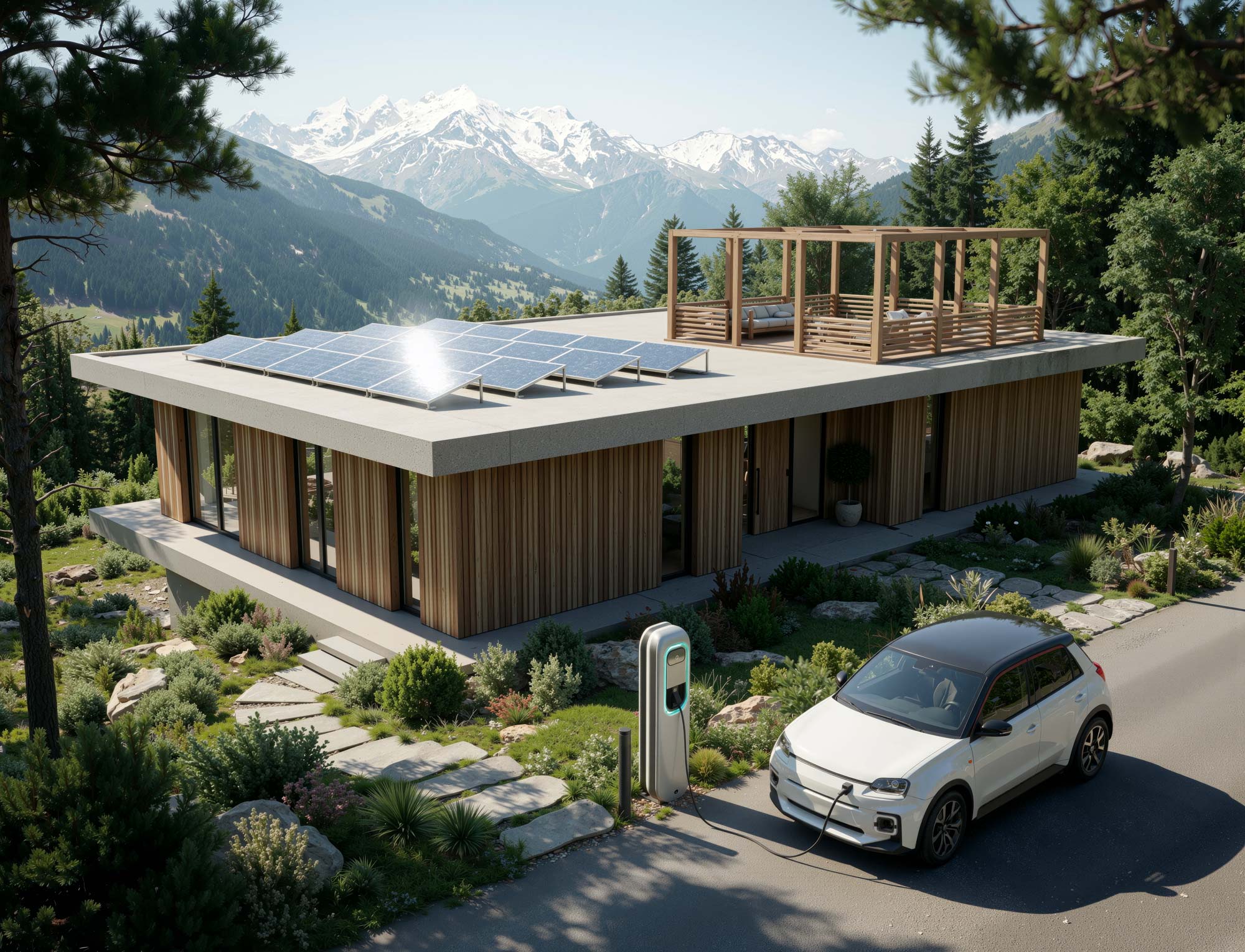 Modern residential building with solar panels and an electric vehicle, an application for solid-state circuit breakers